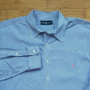 Ralph Lauren Men’s Button Down XLT Shirt Blue White Stripe Long Sleeve Pink Logo